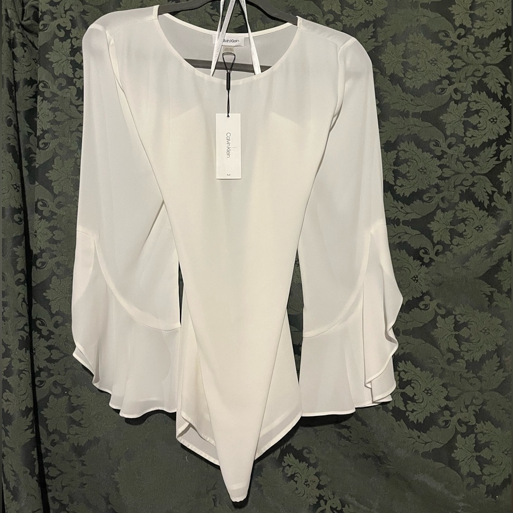 Calvin Klein Women's White Fancy Holiday Dinner Blouse with Flared Sleeves small
